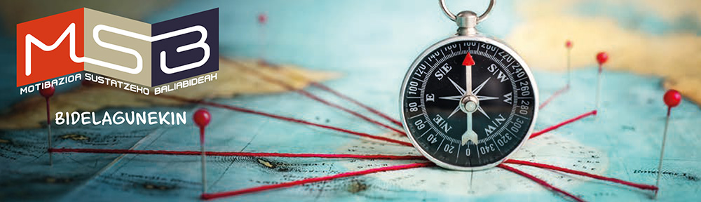 MSBren logoa, iparrorratza eta zenbait hari eta orratz mapa baten gainean